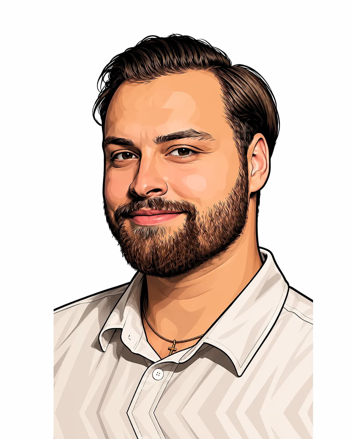 Luca vom Jidori-Team, als Comic gezeichnet: kurze dunkle Haare, Vollbart, gemustertes Hemd